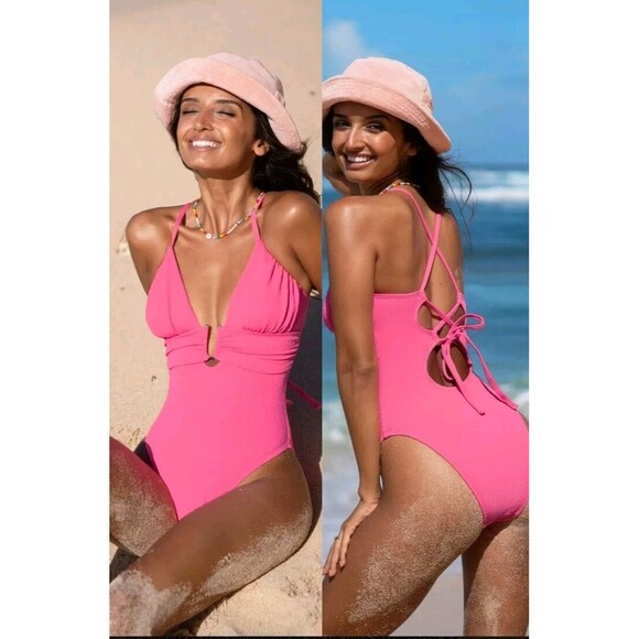 NWT Cupshe One Piece Swimsuit U Ring Strappy Cheeky Pink Lace Up Back Plunging L - Picture 1 of 10